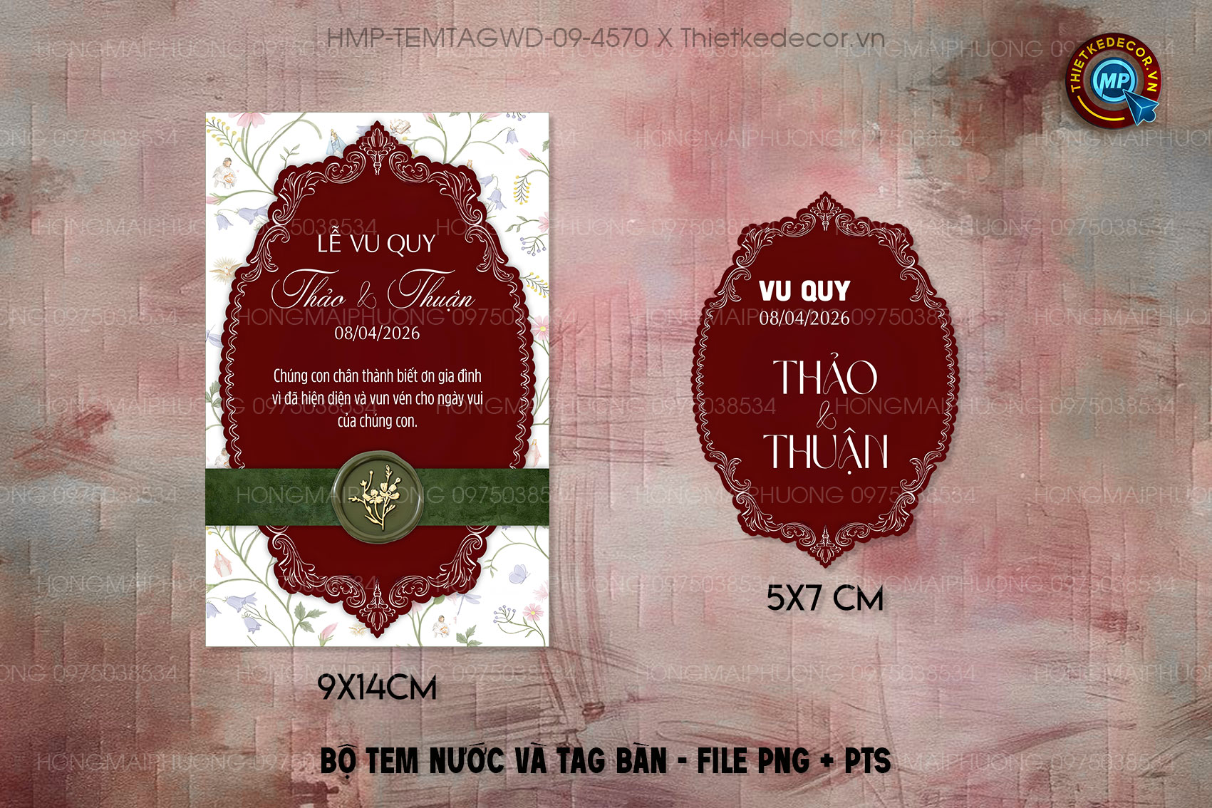 Bộ Tem nước tag bàn tone đỏ Vintage họa tiết cổ điển mix nền hoa
